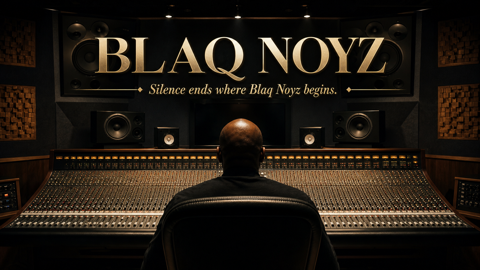 Blaq Noyz seated at a large-format studio console surrounded by monitors